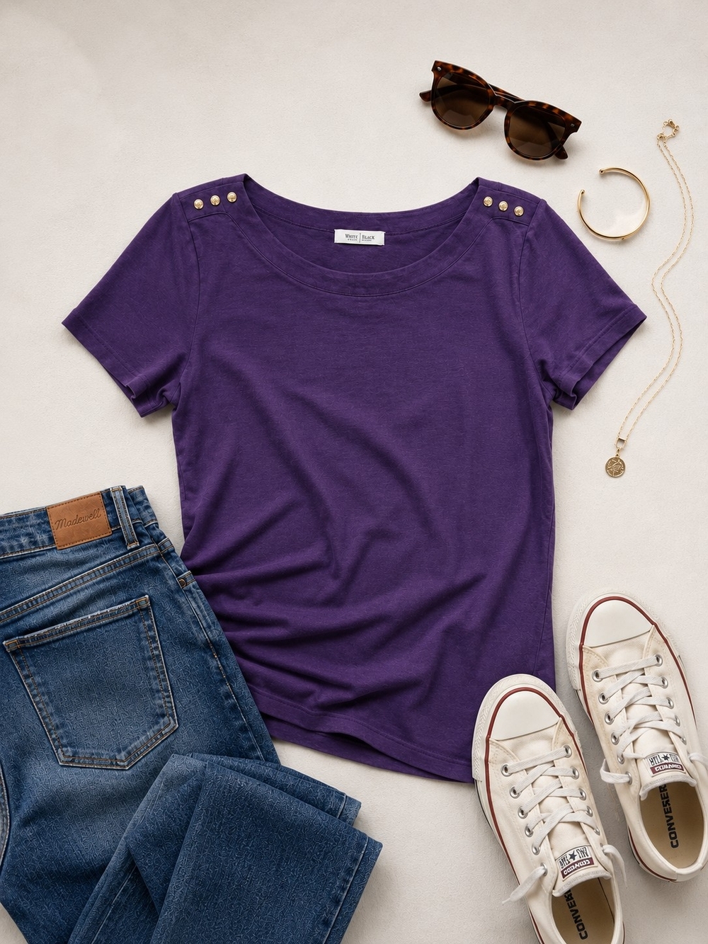 WHITE HOUSE BLACK MARKET Women’s Purple  Scoop Neck Top Shoulder Buttons